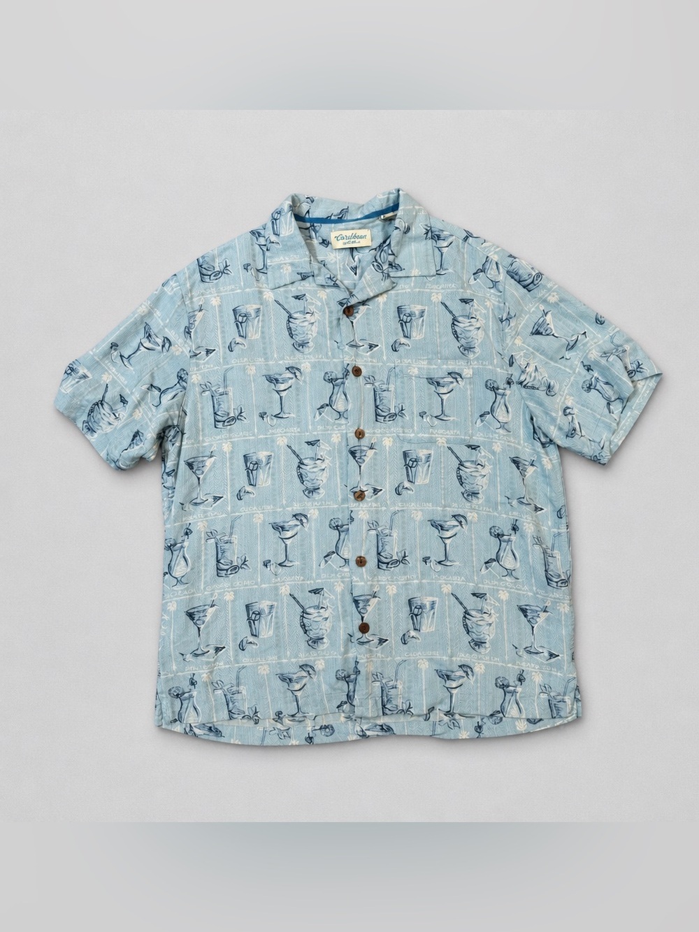 Caribbean Light Blue Short-Sleeve Button-Down with Navy Cocktail Print
